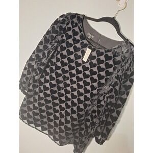 Talbots Velvet Burn Out Balloon Puff Sleeve Blouse Womens L Black Hearts Novelty